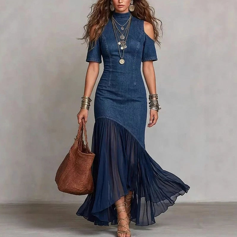 Denim Short Sleeve Cold Shoulder Midi Dress