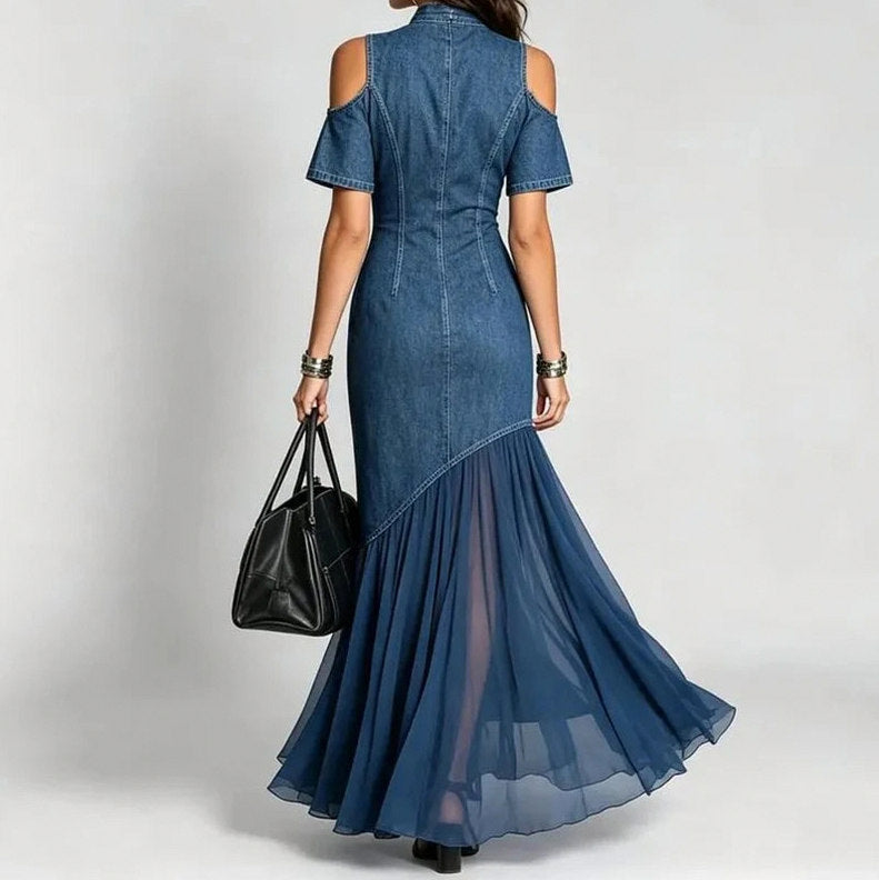 Denim Short Sleeve Cold Shoulder Midi Dress