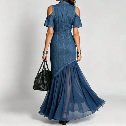 Denim Short Sleeve Cold Shoulder Midi Dress