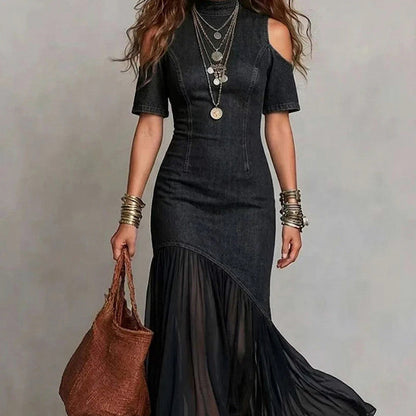 Denim Short Sleeve Cold Shoulder Midi Dress