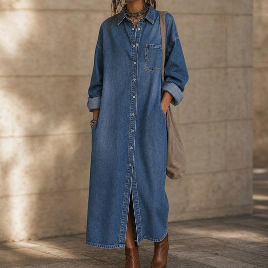 Denim Long Sleeve Maxi Shirt Dress