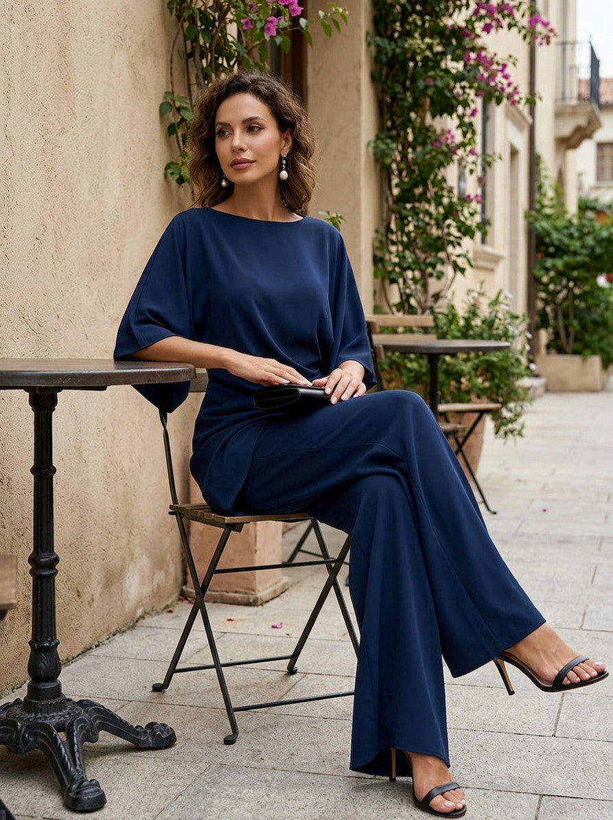 Draped Cape Sleeve Wide Leg Jumpsuit