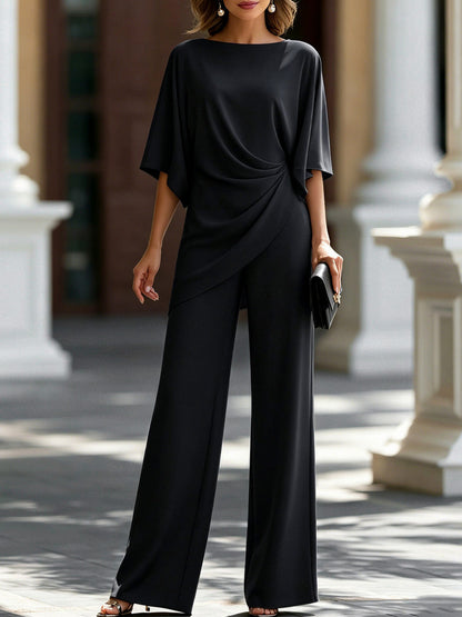 Draped Cape Sleeve Wide Leg Jumpsuit