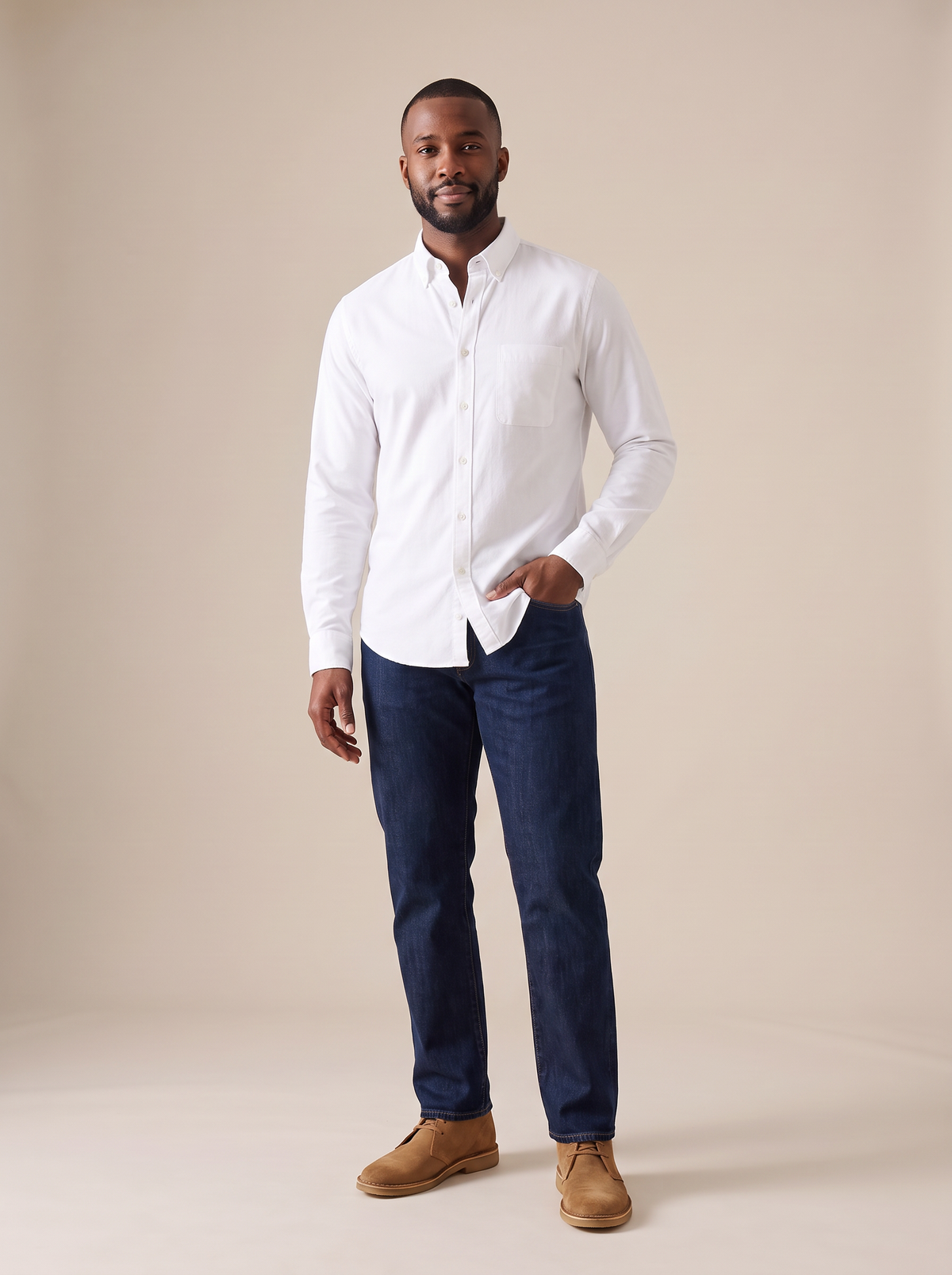 Ellis Oxford Button Down Shirt in White, front view