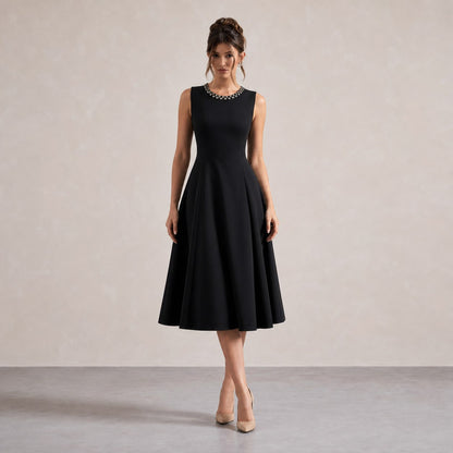 Embellished Neck A-Line Midi Dress