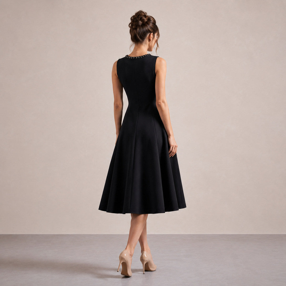 Embellished Neck A-Line Midi Dress