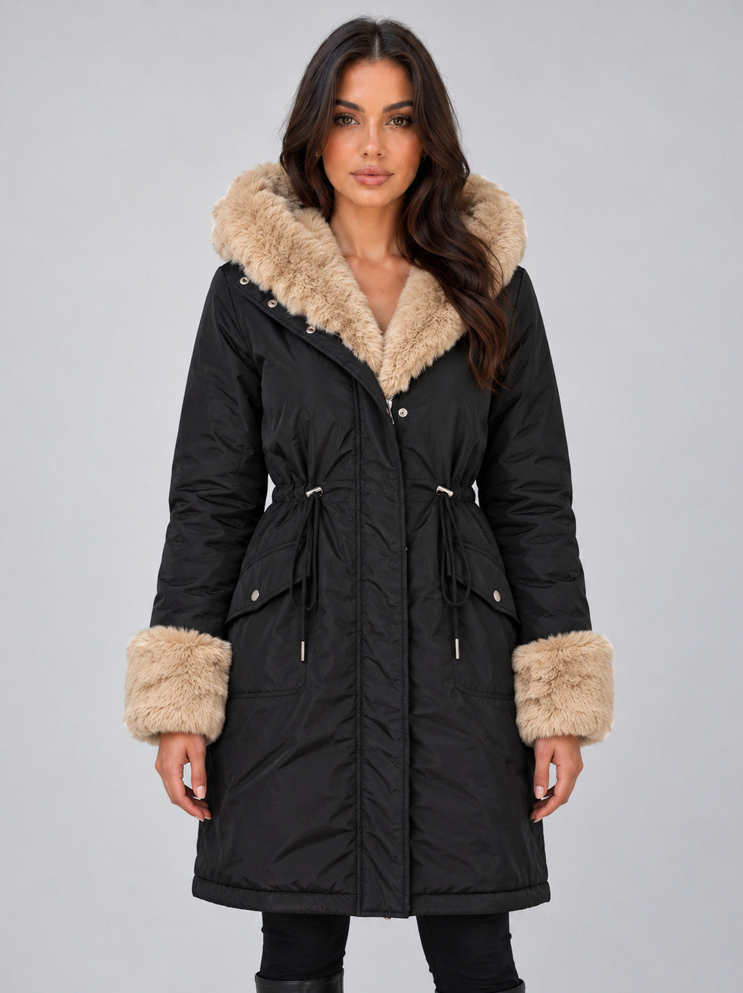 Faux Fur Trim Hooded Long Sleeve Coat
