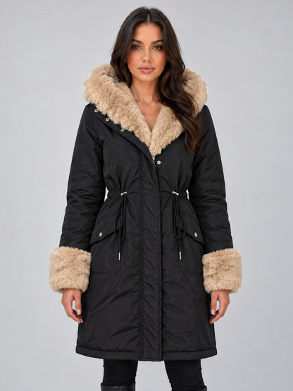 Faux Fur Trim Hooded Long Sleeve Coat