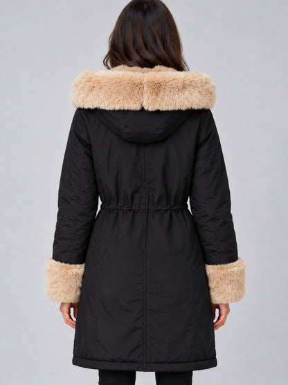 Faux Fur Trim Hooded Long Sleeve Coat