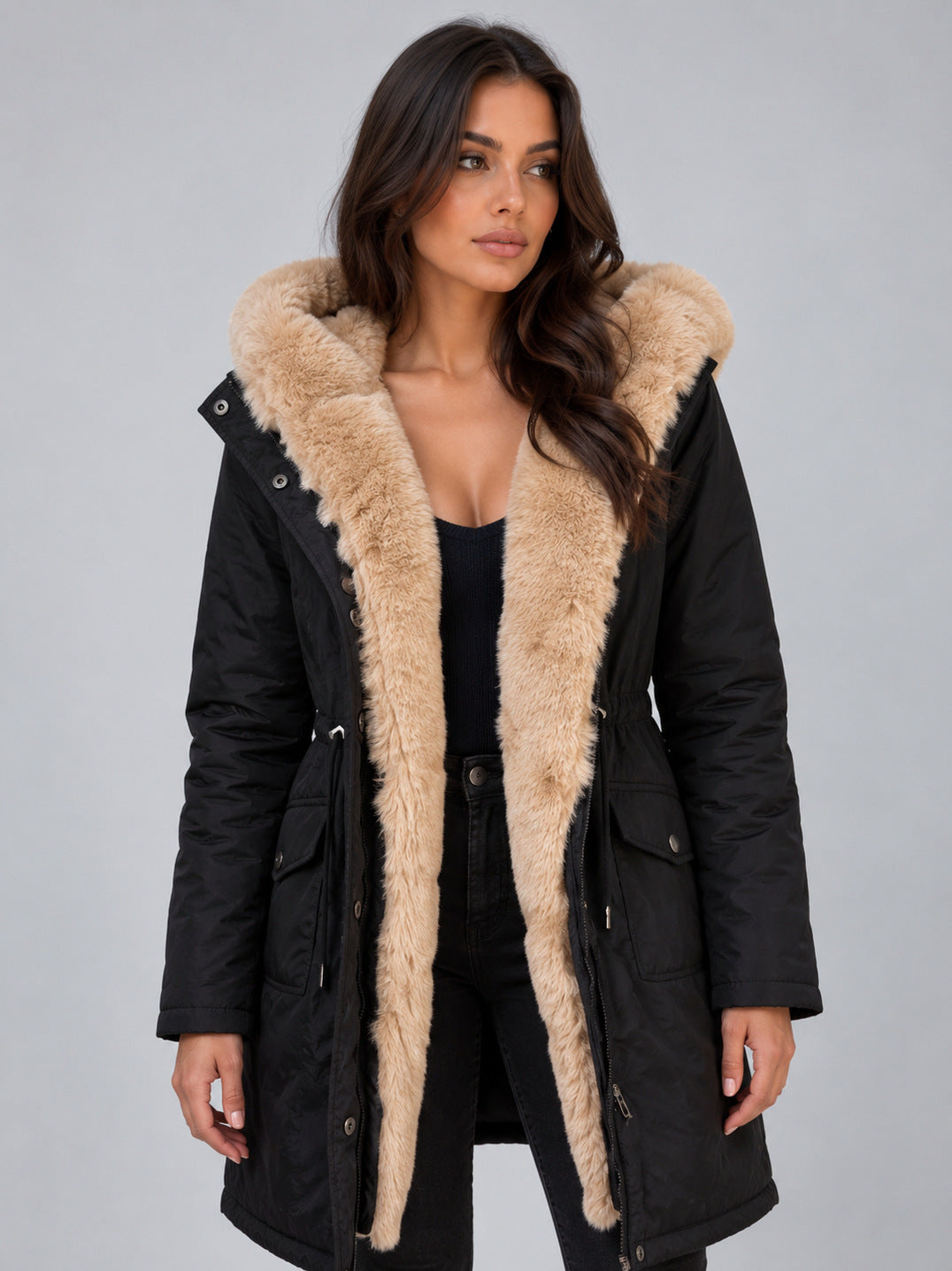 Faux Fur Trim Hooded Long Sleeve Coat