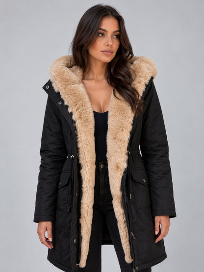 Faux Fur Trim Hooded Long Sleeve Coat