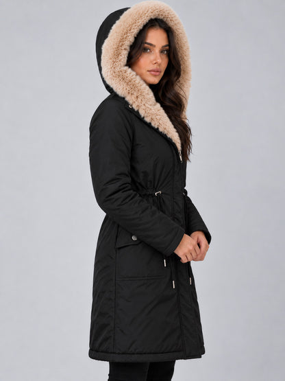 Faux Fur Trim Hooded Long Sleeve Coat
