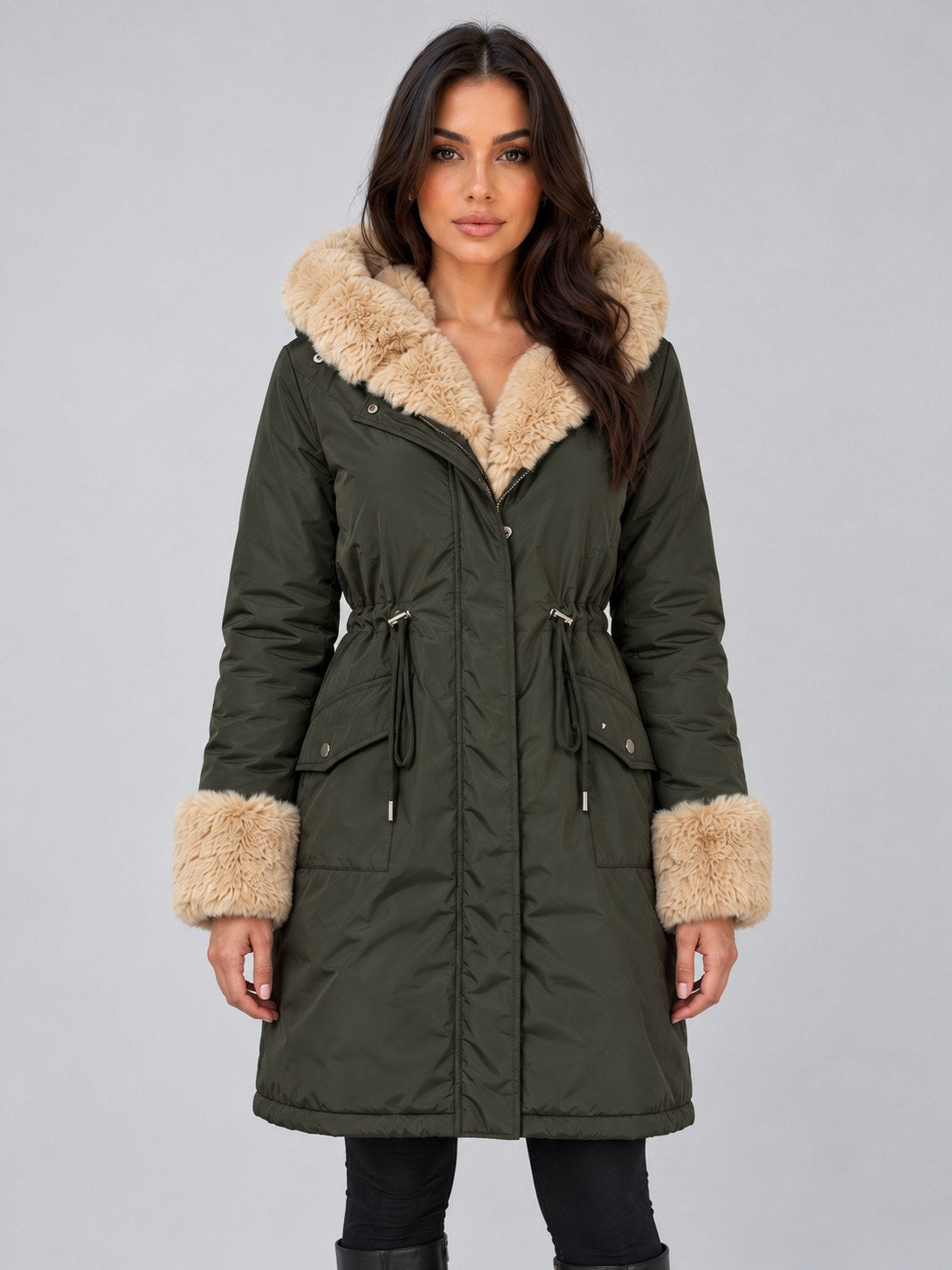 Faux Fur Trim Hooded Long Sleeve Coat