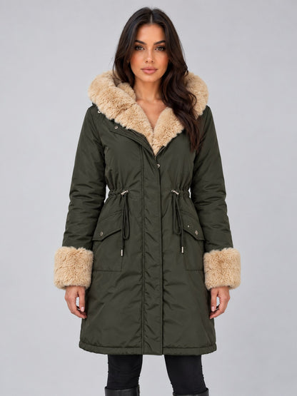 Faux Fur Trim Hooded Long Sleeve Coat