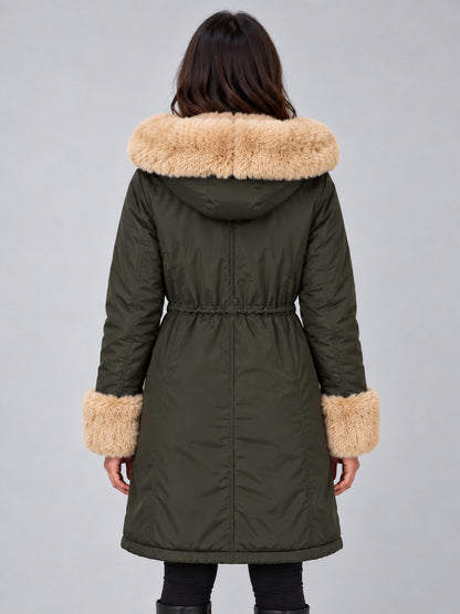Faux Fur Trim Hooded Long Sleeve Coat