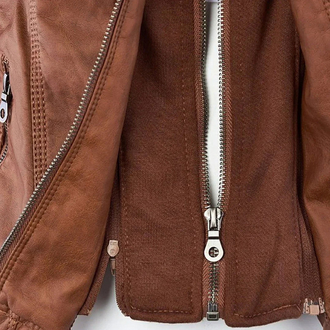 Faux Leather Long Sleeve Fitted Hooded Zip Up Jacket