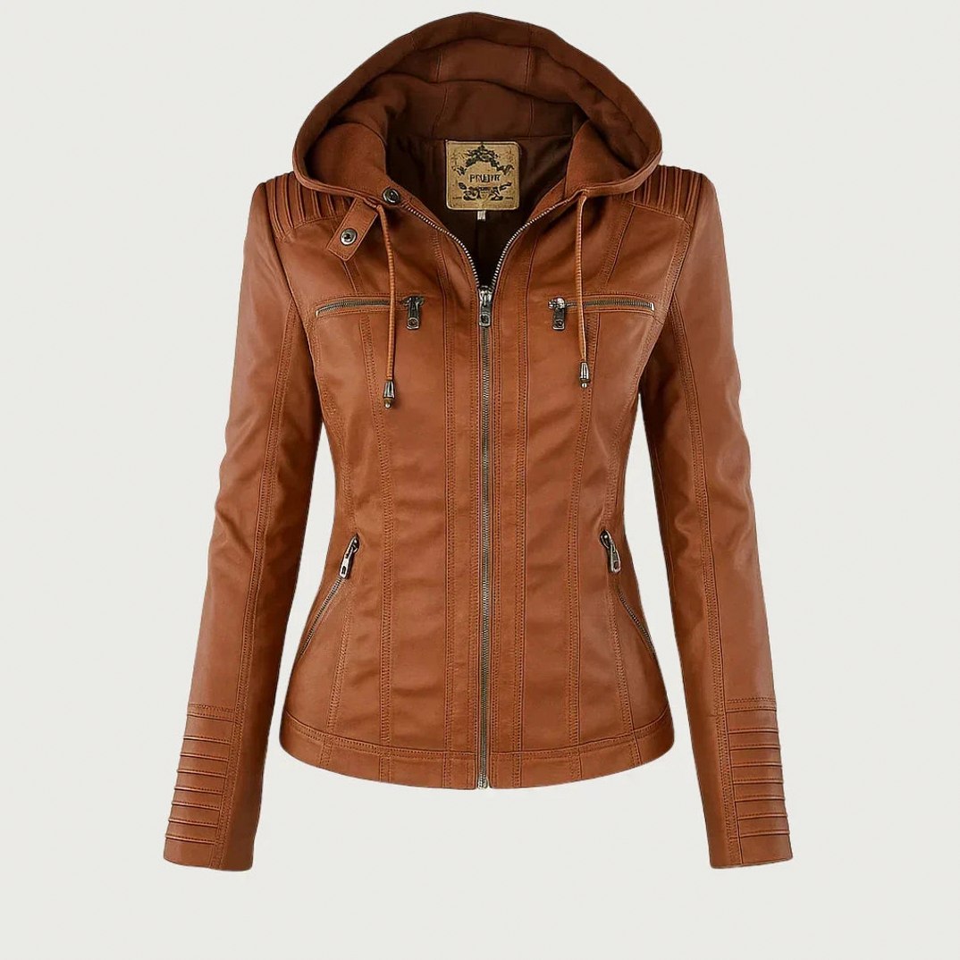 Faux Leather Long Sleeve Fitted Hooded Zip Up Jacket