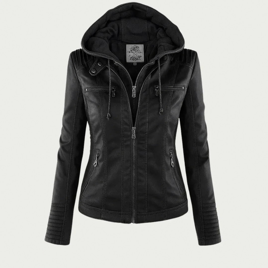 Faux Leather Long Sleeve Fitted Hooded Zip Up Jacket