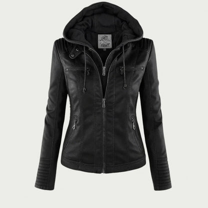 Faux Leather Long Sleeve Fitted Hooded Zip Up Jacket