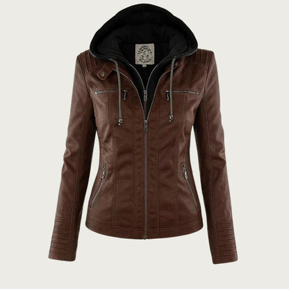 Faux Leather Long Sleeve Fitted Hooded Zip Up Jacket