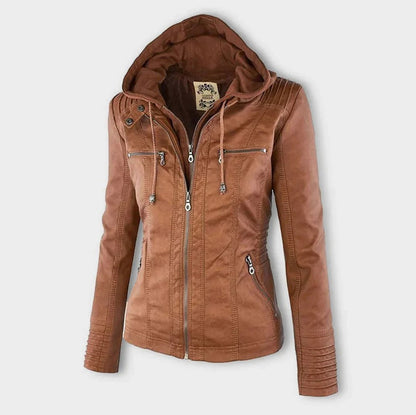 Faux Leather Long Sleeve Fitted Hooded Zip Up Jacket