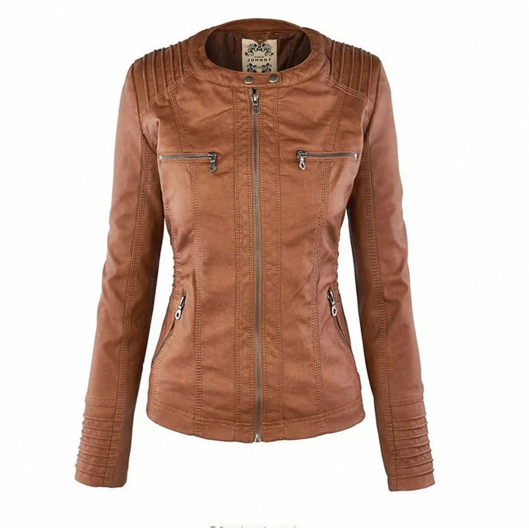 Faux Leather Long Sleeve Fitted Hooded Zip Up Jacket