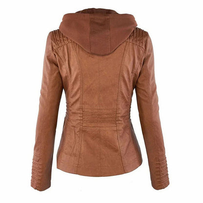 Faux Leather Long Sleeve Fitted Hooded Zip Up Jacket