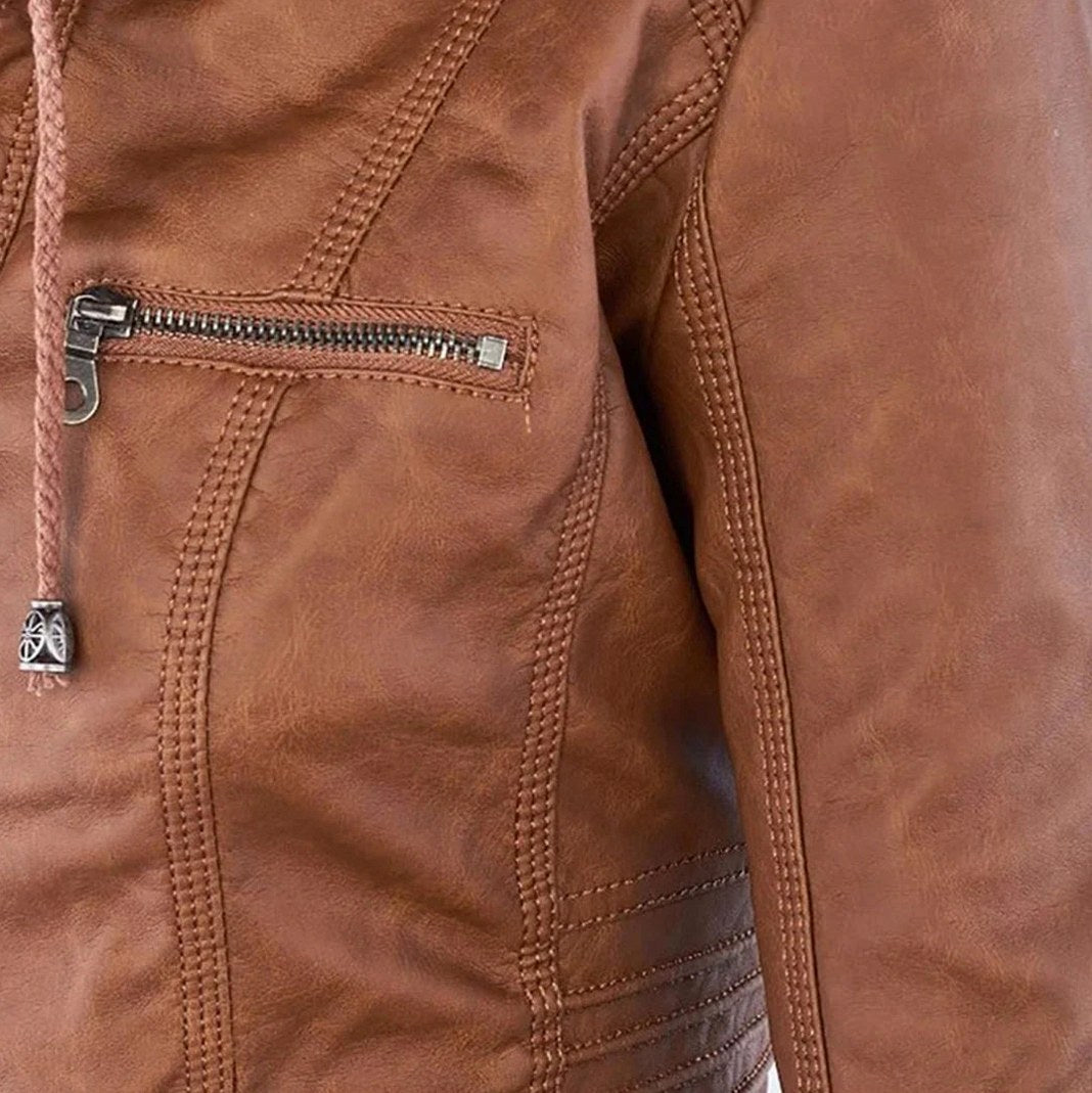 Faux Leather Long Sleeve Fitted Hooded Zip Up Jacket