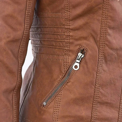 Faux Leather Long Sleeve Fitted Hooded Zip Up Jacket