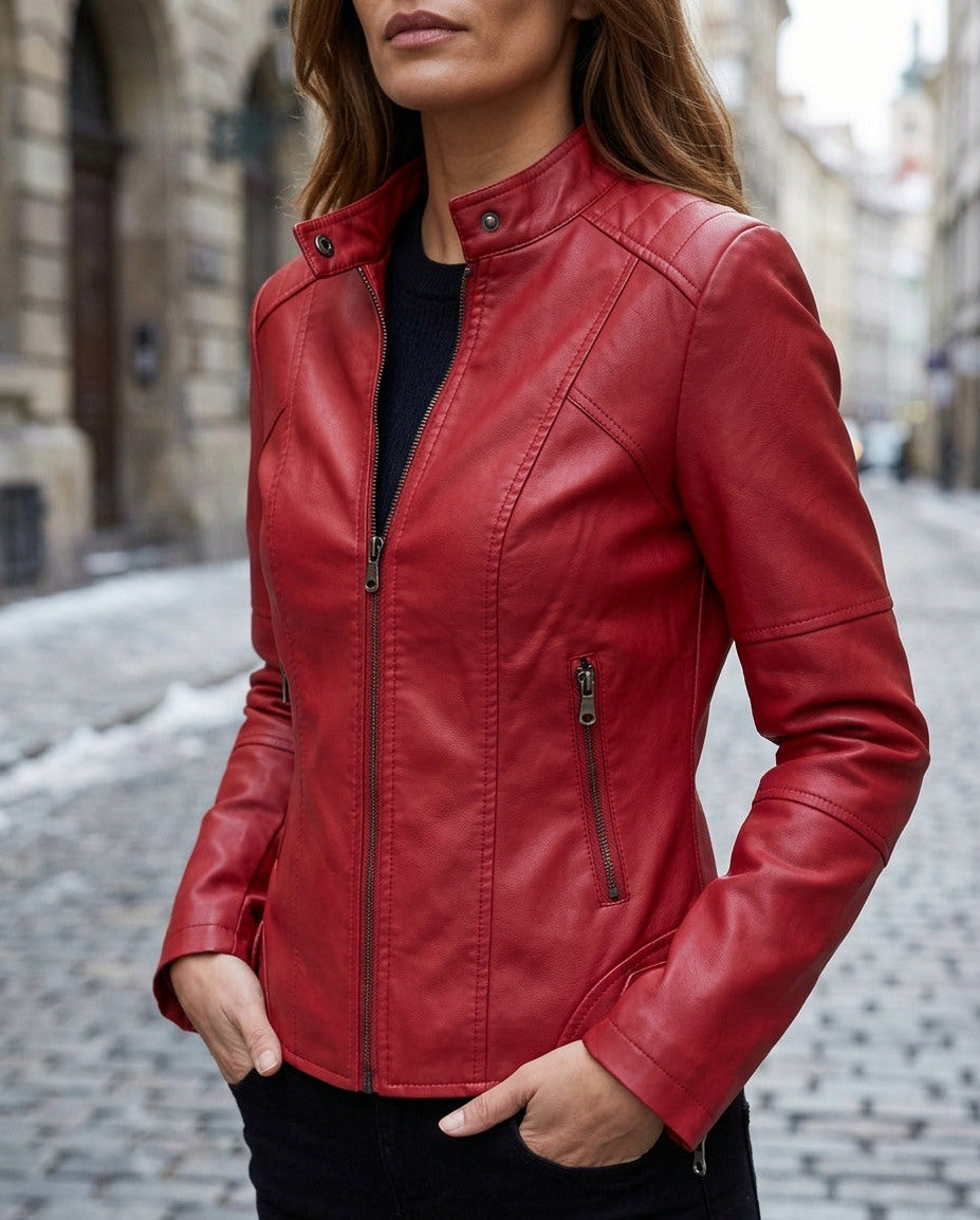 Stand Collar Faux Leather Moto Jacket