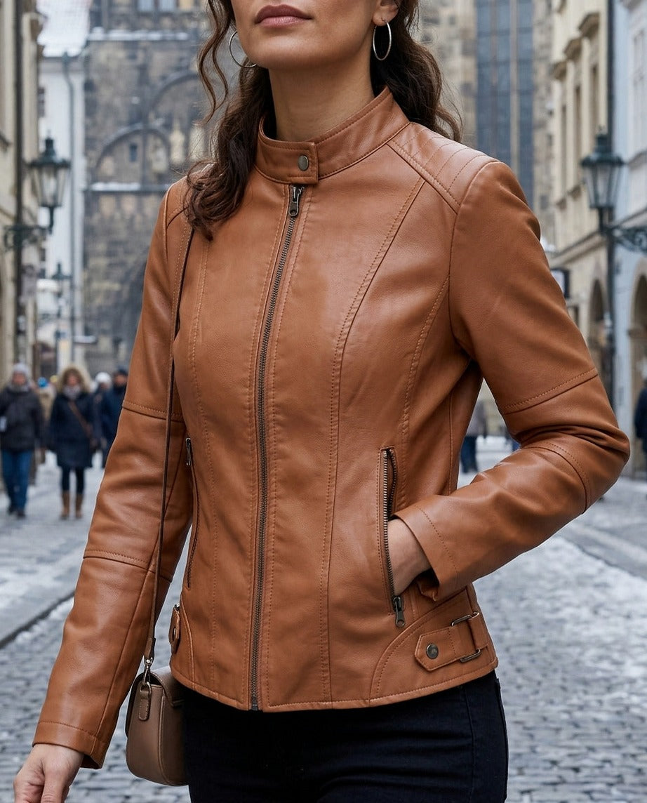 Stand Collar Faux Leather Moto Jacket