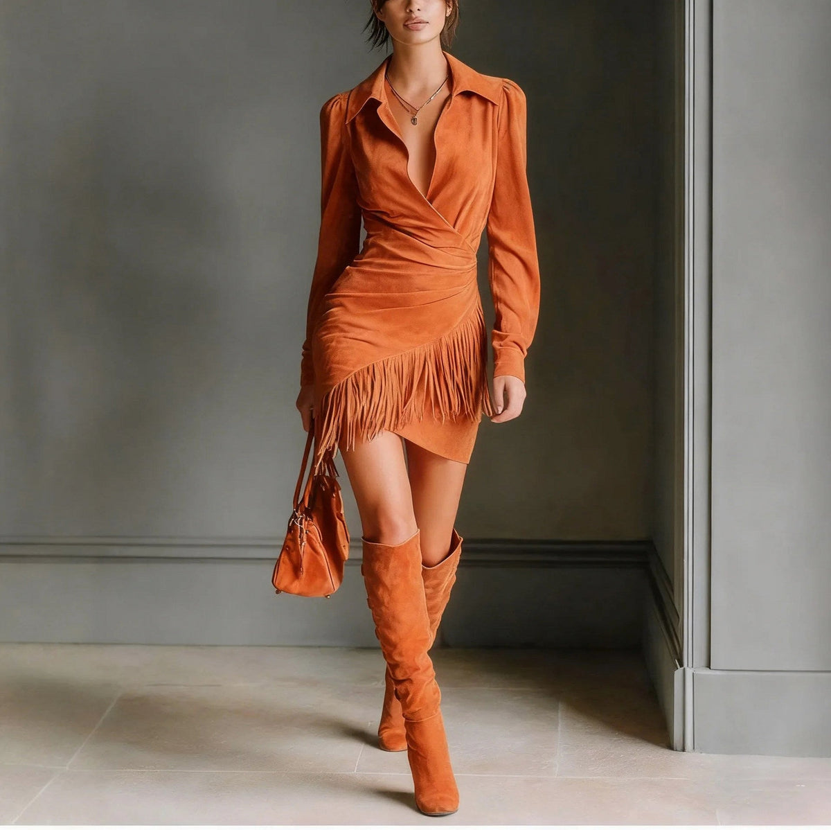 Long Sleeve Faux Suede Fringe Mini Dress