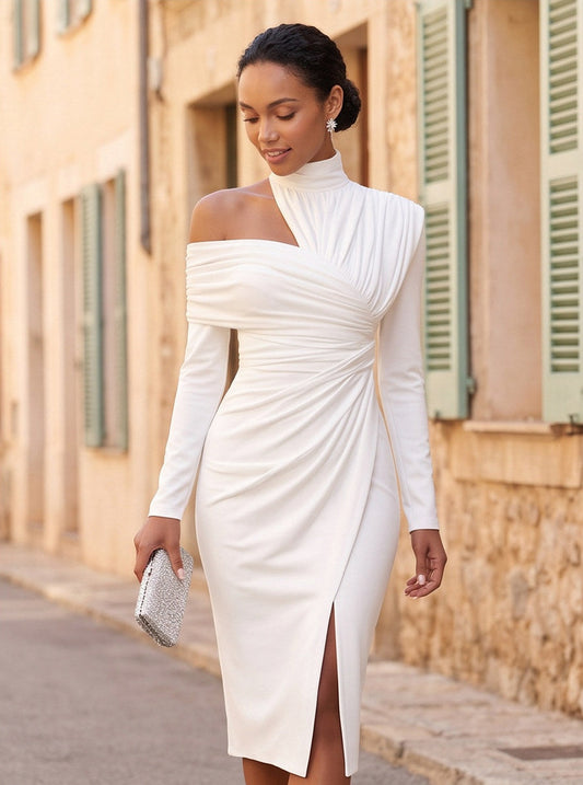 Long Sleeve Fitted Asymmetric Ruched Midi Dress
