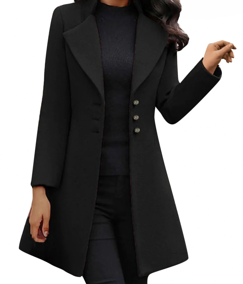 Fitted Lapel Collar Button Front Long Sleeve Midi Coat