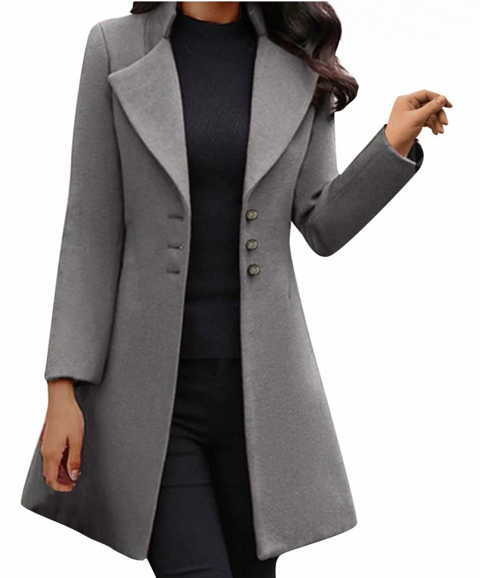 Fitted Lapel Collar Button Front Long Sleeve Midi Coat