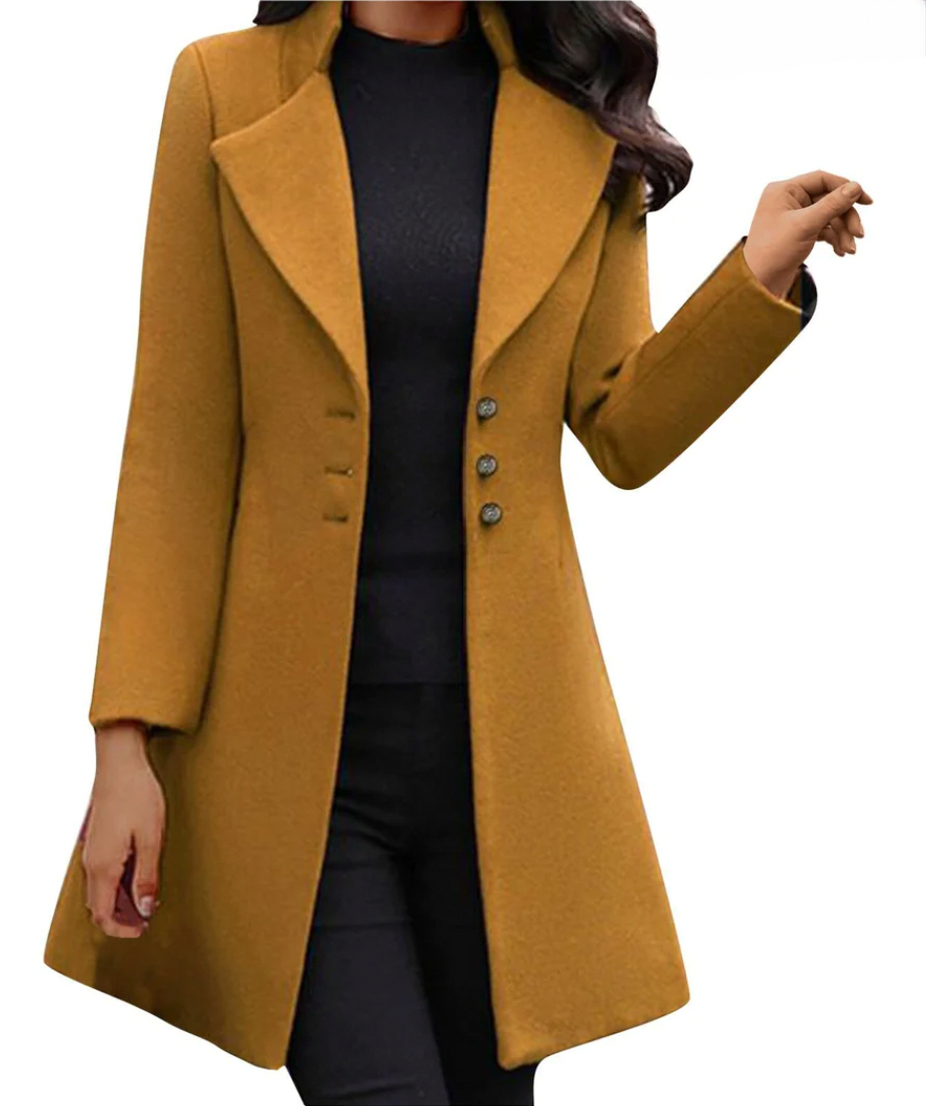 Fitted Lapel Collar Button Front Long Sleeve Midi Coat