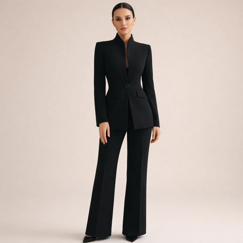 Fitted Mandarin Collar Blazer Pant Set