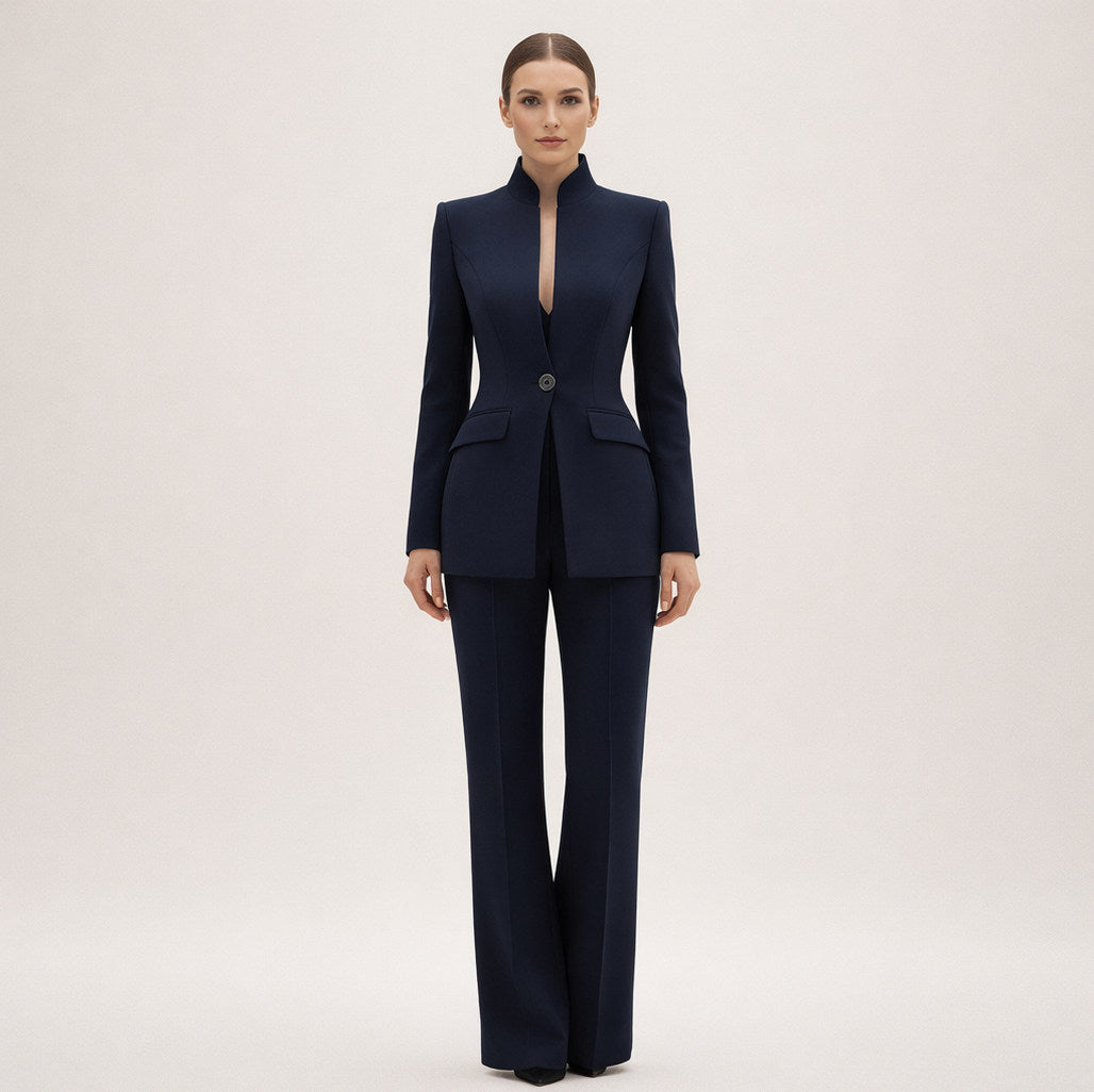Fitted Mandarin Collar Blazer Pant Set