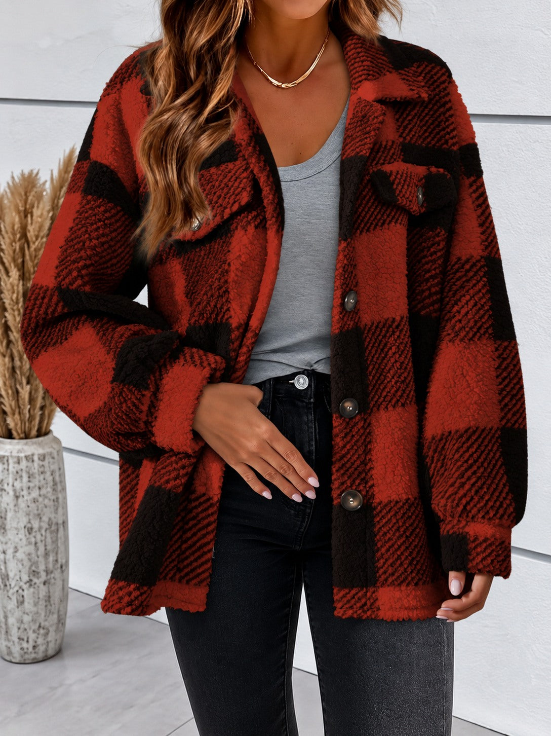Fleece Plaid Long Sleeve Shacket