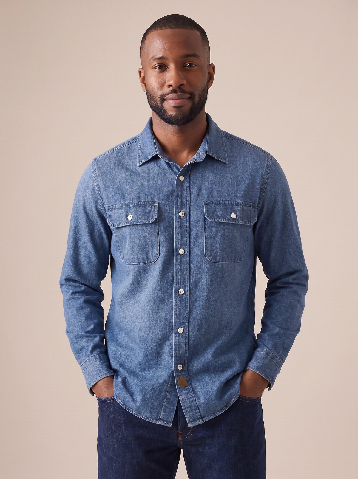 Ford Denim Work Shirt in Indigo, three quarter view