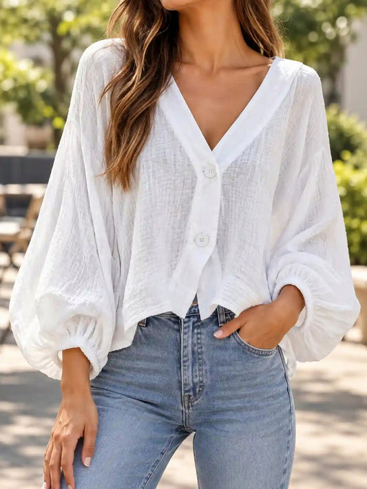 Gauze Balloon Sleeve Button Front Blouse