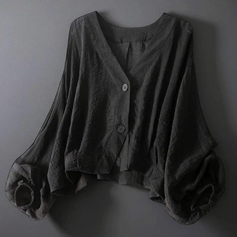 Gauze Balloon Sleeve Button Front Blouse