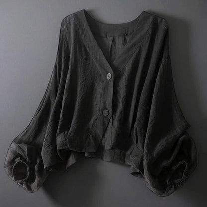 Gauze Balloon Sleeve Button Front Blouse