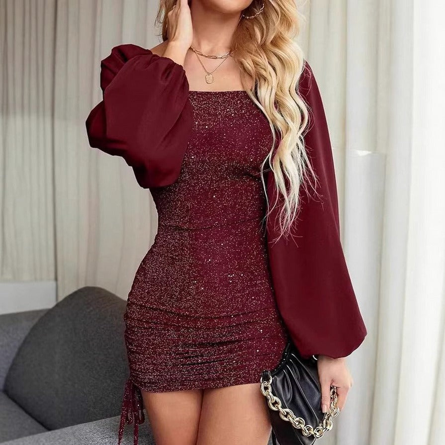 Glitter Balloon Sleeve Ruched Mini Dress