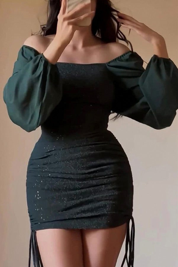 Glitter Balloon Sleeve Ruched Mini Dress