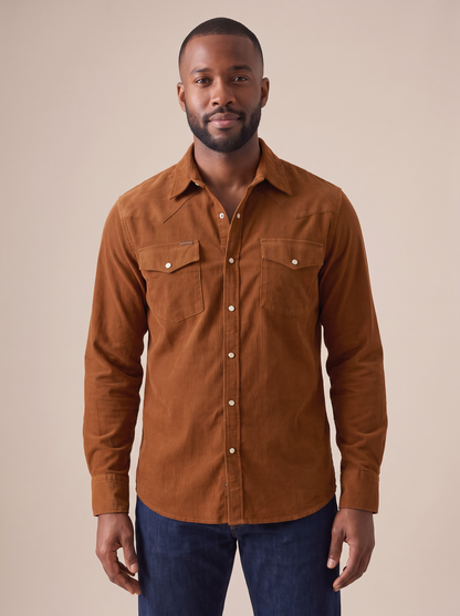 Hayes Corduroy Western Shirt in Rust, three quarter view