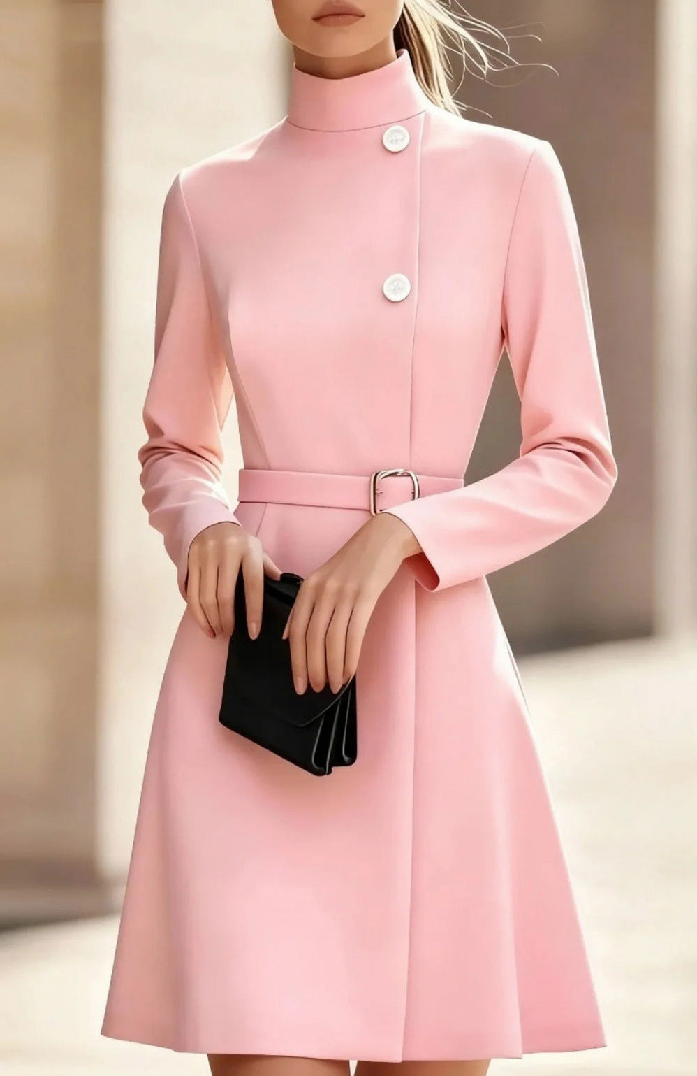 Long Sleeve High Neck Belted Mini Dress