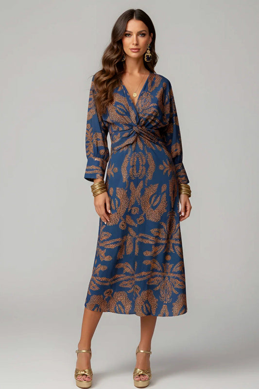 Long Sleeve Damask Twist Front Midi Dress