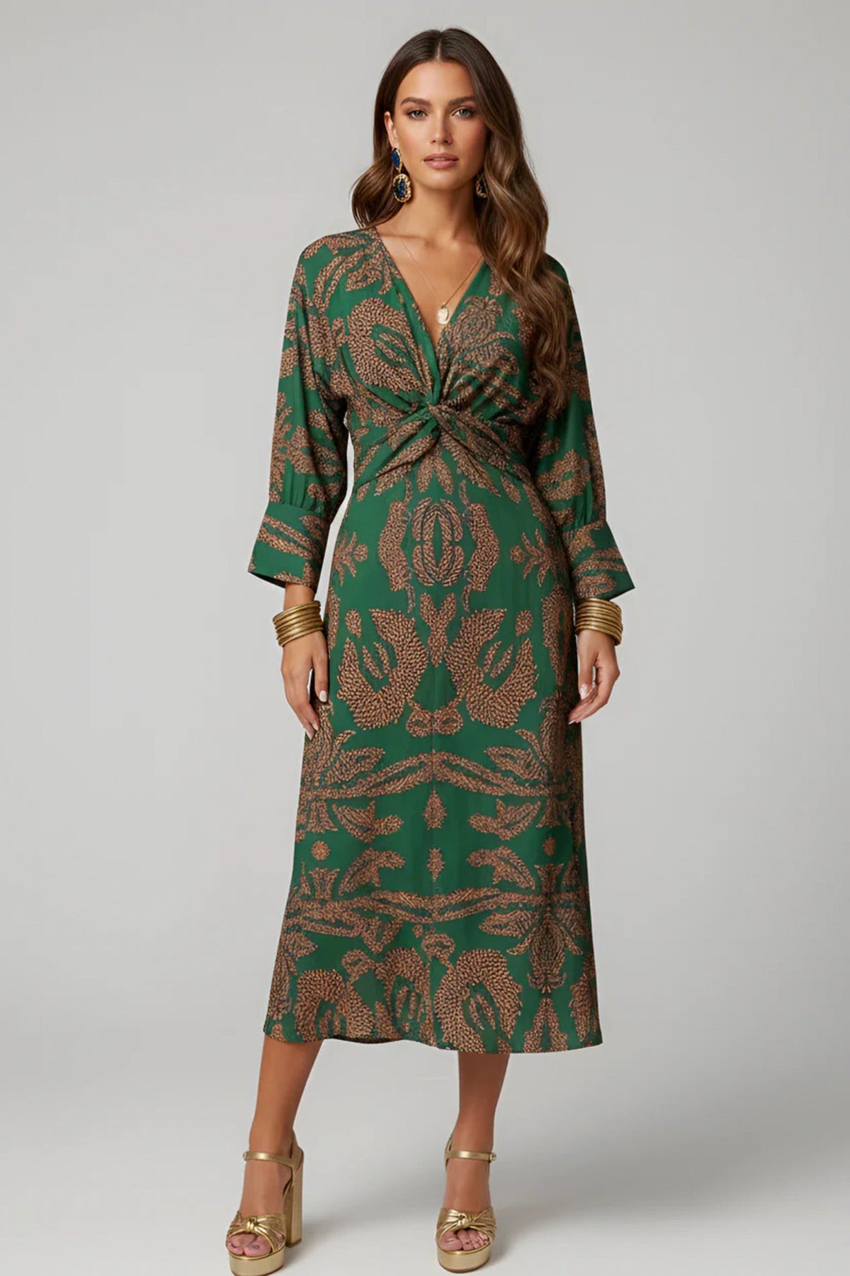 Long Sleeve Damask Twist Front Midi Dress