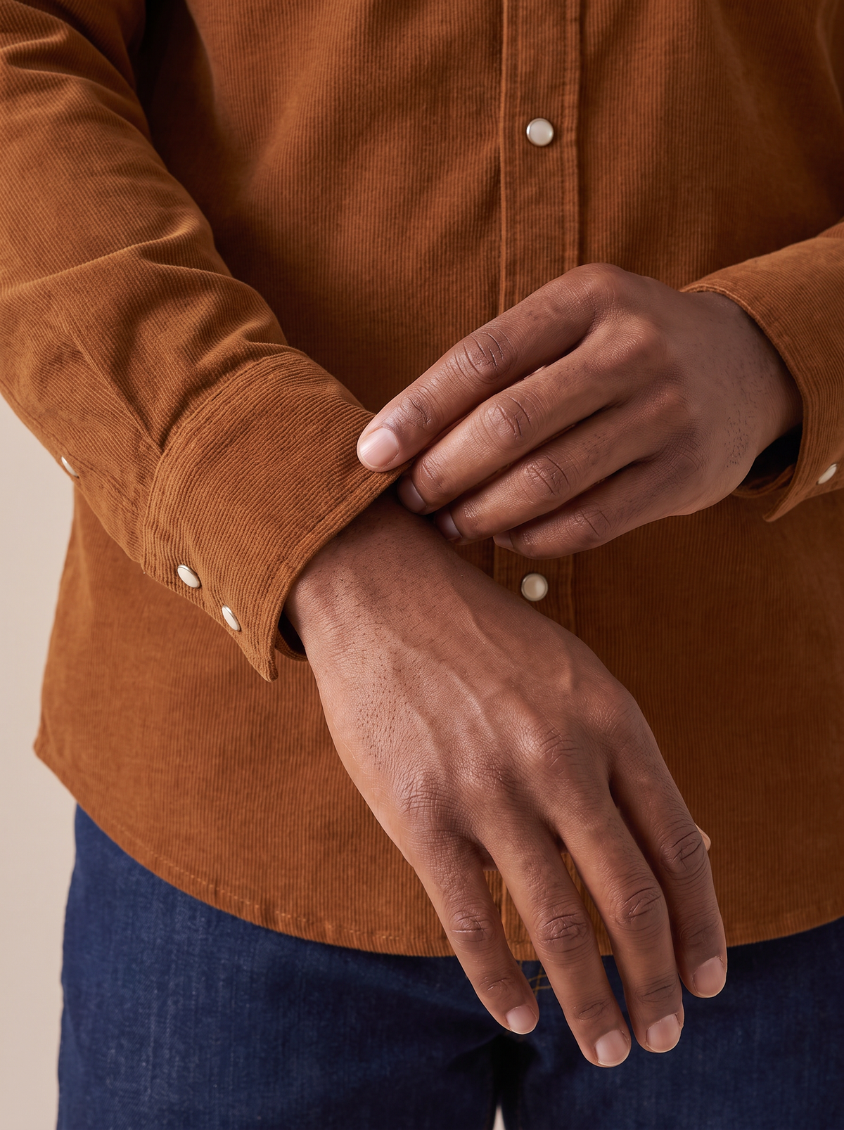 Fastening the cuff of a corduroy shirt